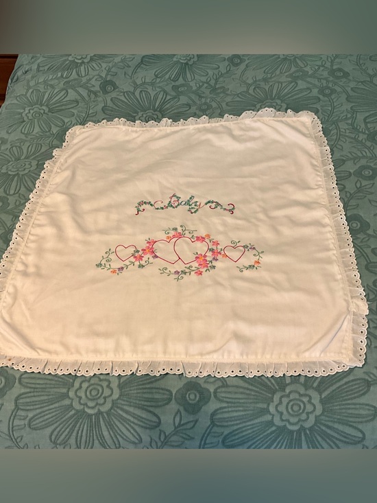 Handmade Other - Hand Embroidered White Cotton Baby Blanket with Floral Hearts